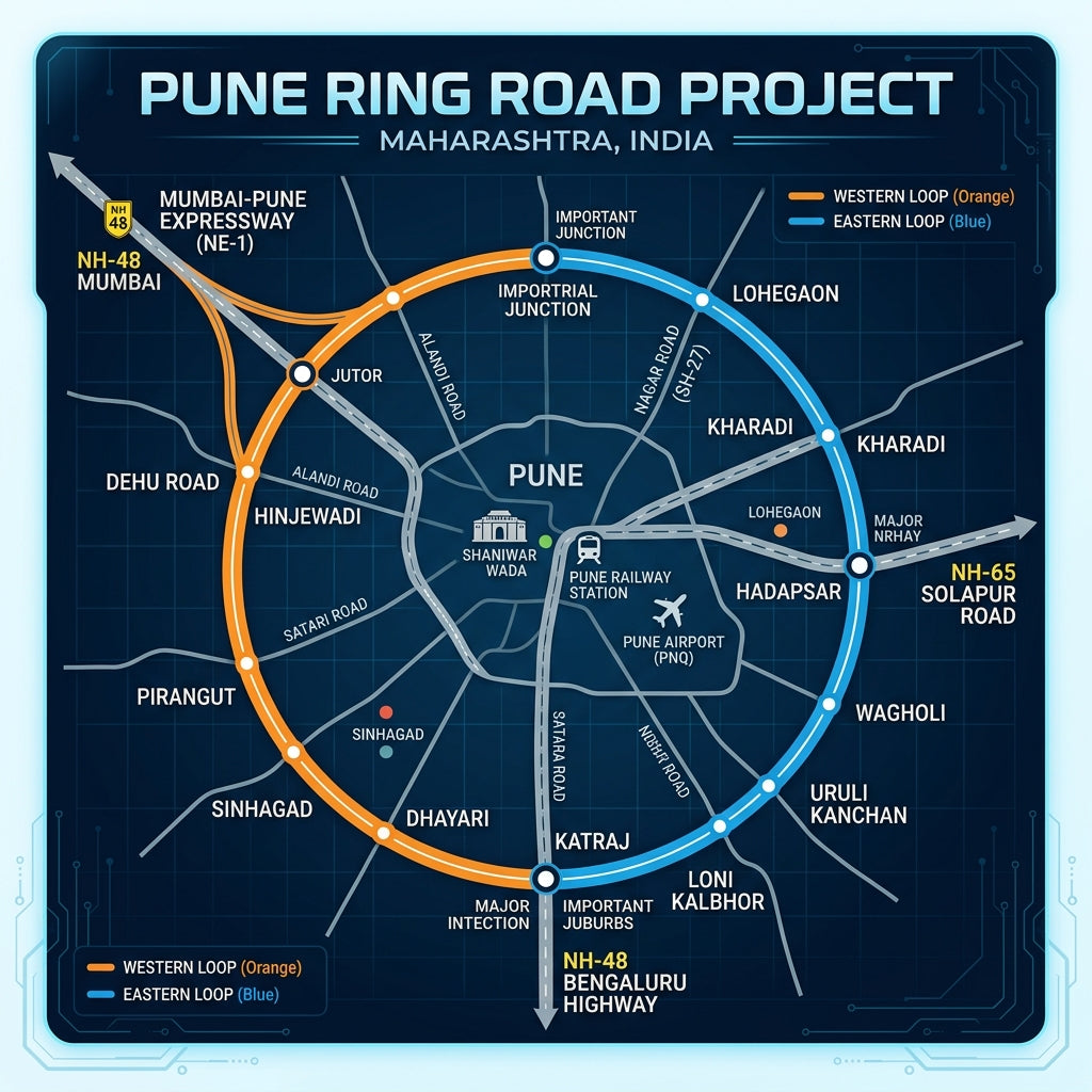 Pune Ring Road Route Map — Complete alignment layout for the MSRDC outer and PMRDA inner ring roads in Pune