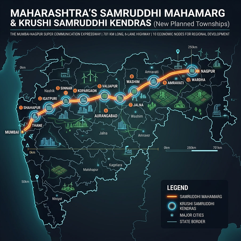 Samruddhi Mahamarg route map with proposed Krushi Samruddhi Kendra township nodes between Nagpur and Mumbai